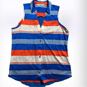 Maurices Bright Blue,White & Vivid Orange Sleeveless Button Up Top w/Sheer Back